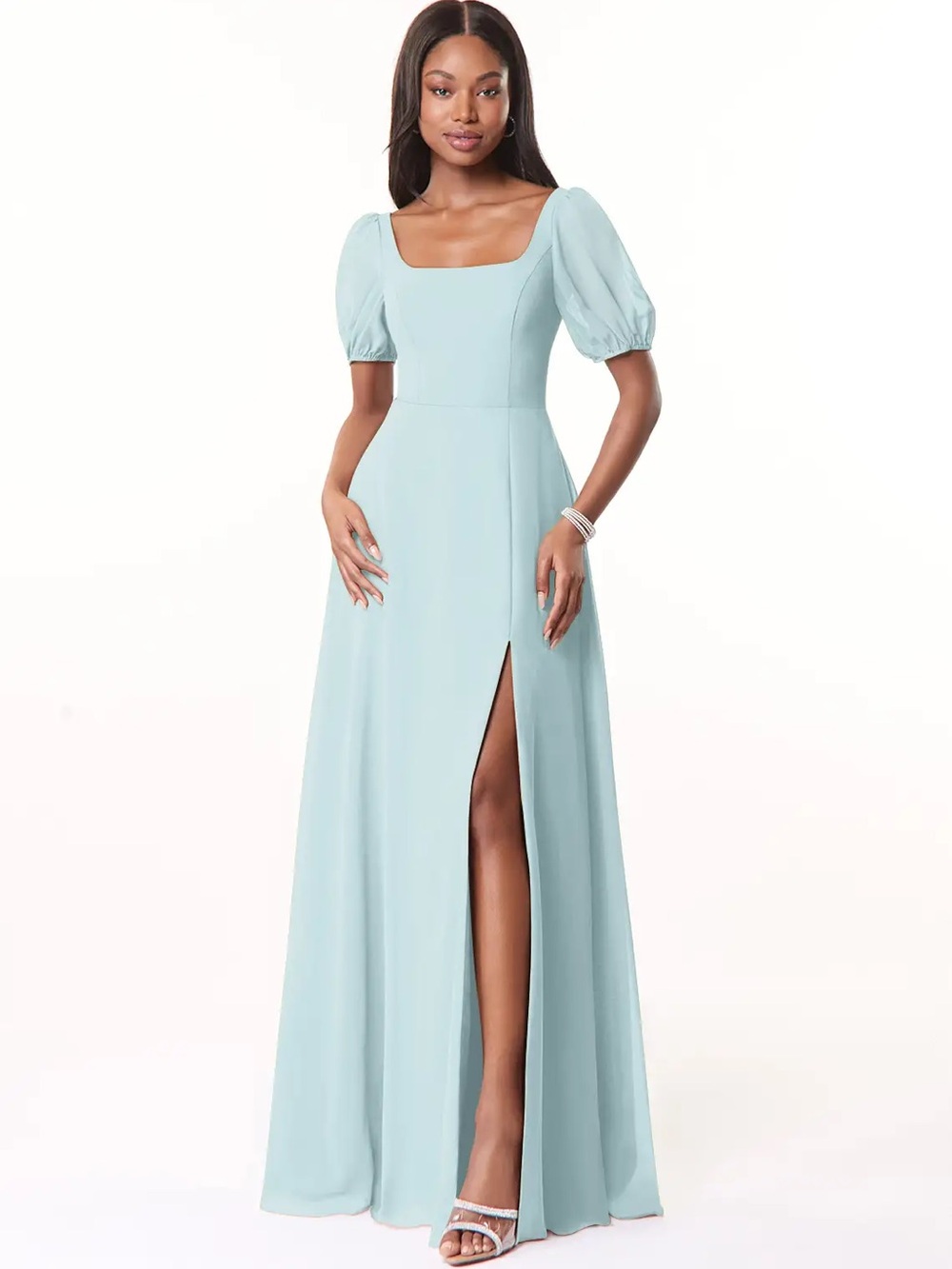 Azazie Alani Square-Neck Bridesmaid Dress with Puff Sleeves